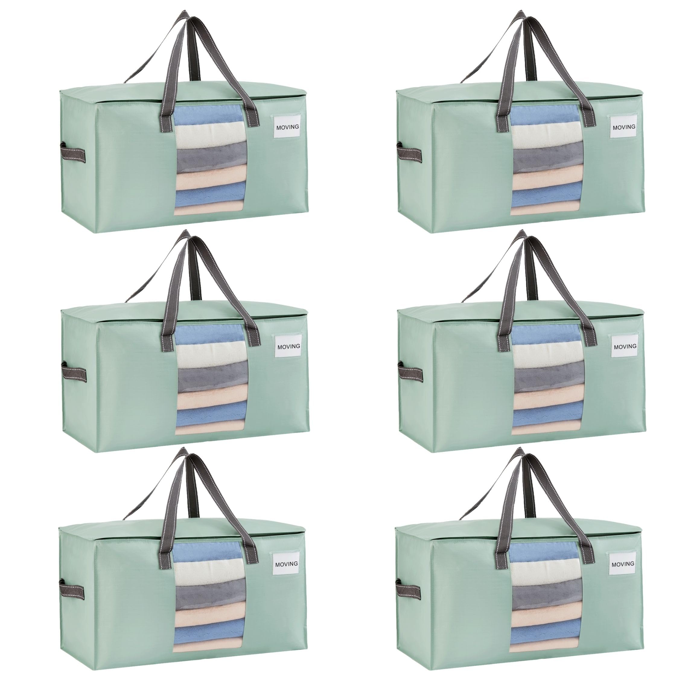 VENO 6 Pack Extra Large Moving Bags,Clothes Storage Bags for Blankets Bedding,Moving House Essentials,Waterproof Underbed Storage Packing Boxes,Laundry Bags Organiser (Light Green, 6 Pack)