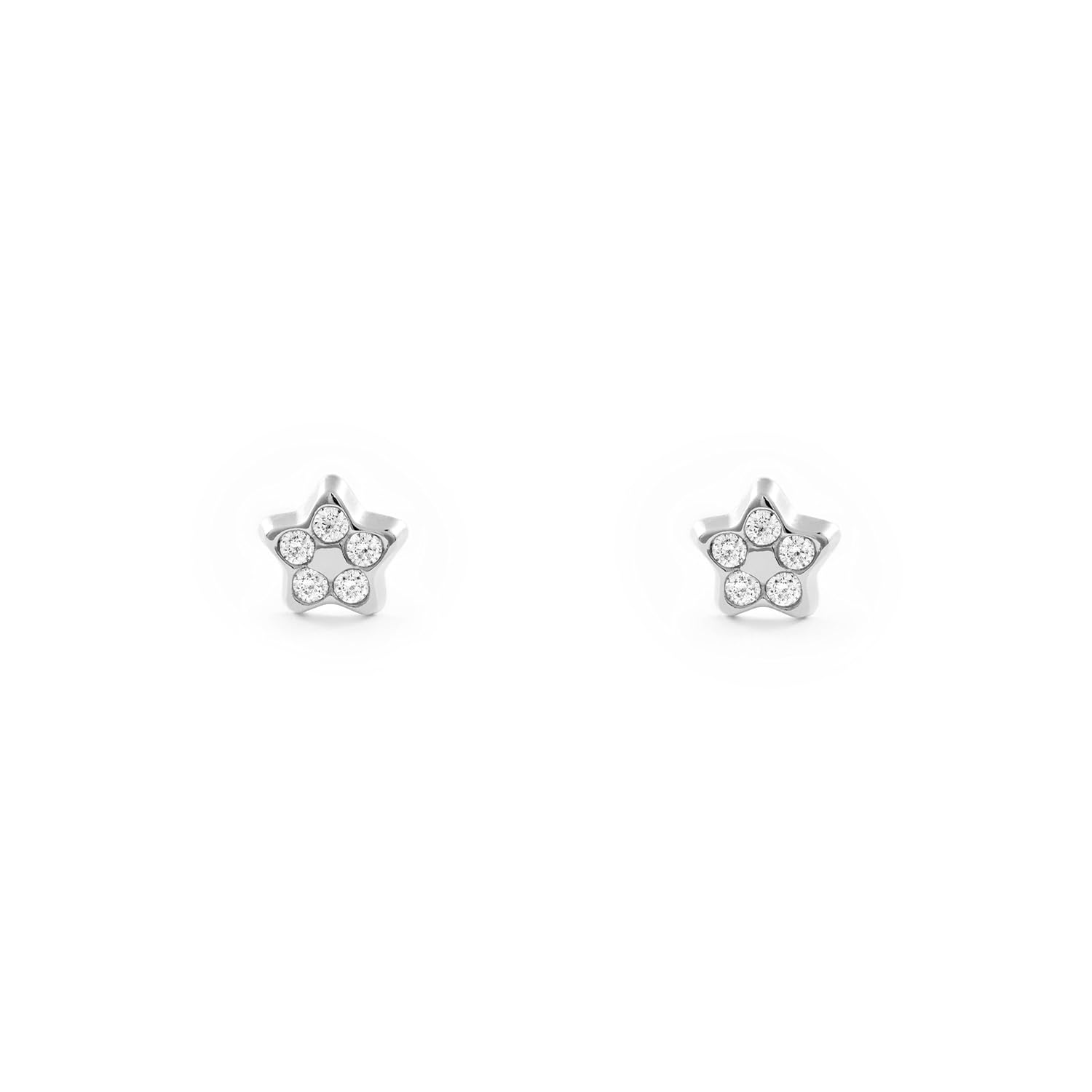 Pendientes de Bebe Niña Oro Blanco kts de estrella con circonitas
