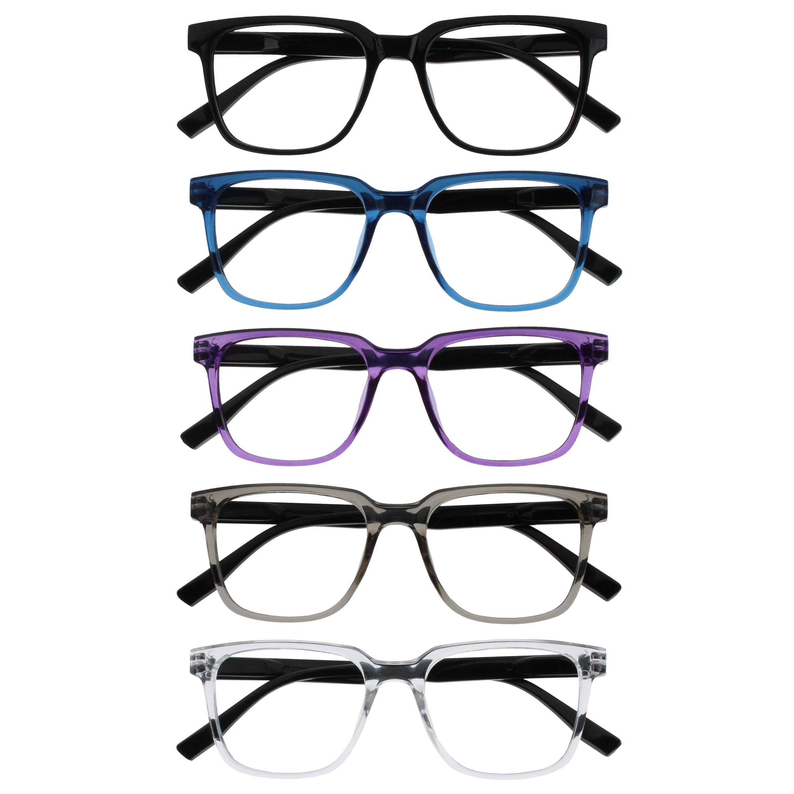 OPULIZE LEO Reading Glasses - 5 -Pack - Large Rectangular Frame - Black, Blue, Purple, Grey, Clear - Mens Womens - Spring Hinges - RRRRR55-1357C - +3.00