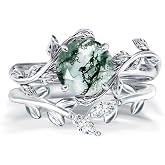 Natural Moss Agate Ring Set 925 Sterling Silver and Pear Birthstone Ring Set Leaf Birthday Engagement Wedding Promise Ring for Her Birthday Christmas Jewelry Gift for Women