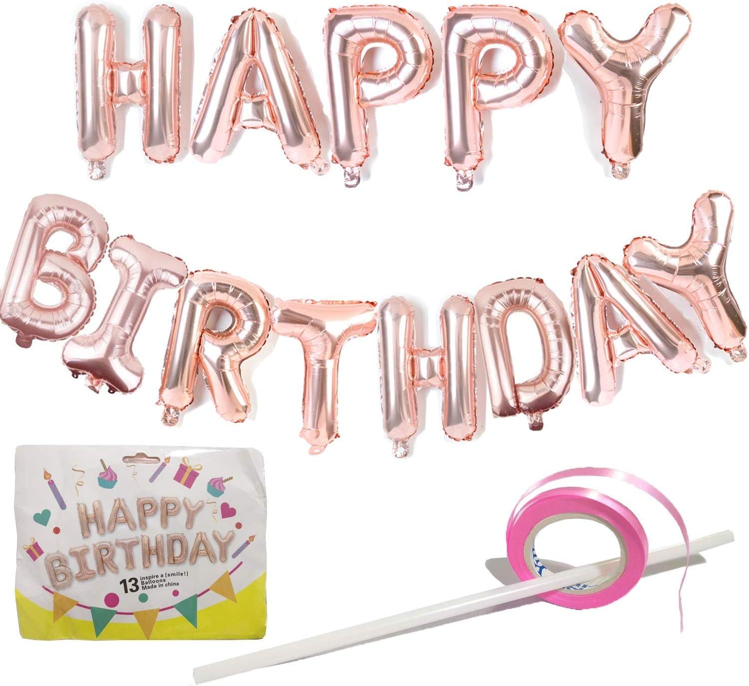 Happy Birthday Balloons Banner Decorations for Party Supplies Rose Gold 16 Inches Hanging Foil Letters Aluminum Foil Balloons W012