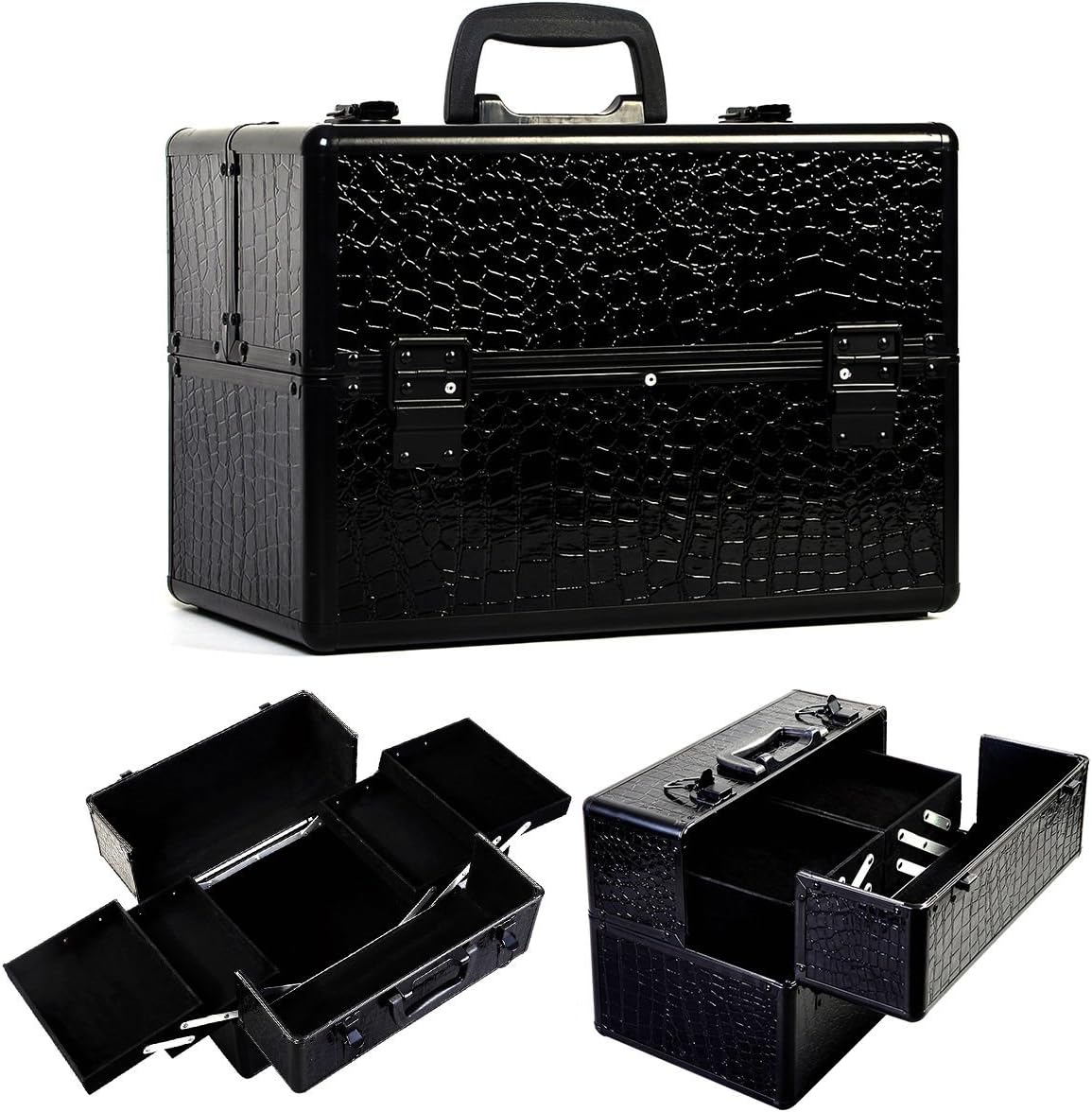 Makeup Train Case Jewelry Box Cosmetic Organizer Aluminum Crocodile
