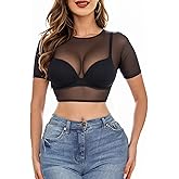 Buauty Black Short Sleeve Mesh Sheer Tops for Women See Through Tops for Women, Summer Loose Short Sleeve T Shirt
