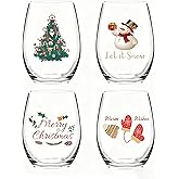 Slugeren Merry Christmas Decor - Set of 4 Stemless Wine Glasses 17Oz, Xmas Party Decor Santa Christmas Tree Snowman Wine Glass, Gift for Men Women Friends Family
