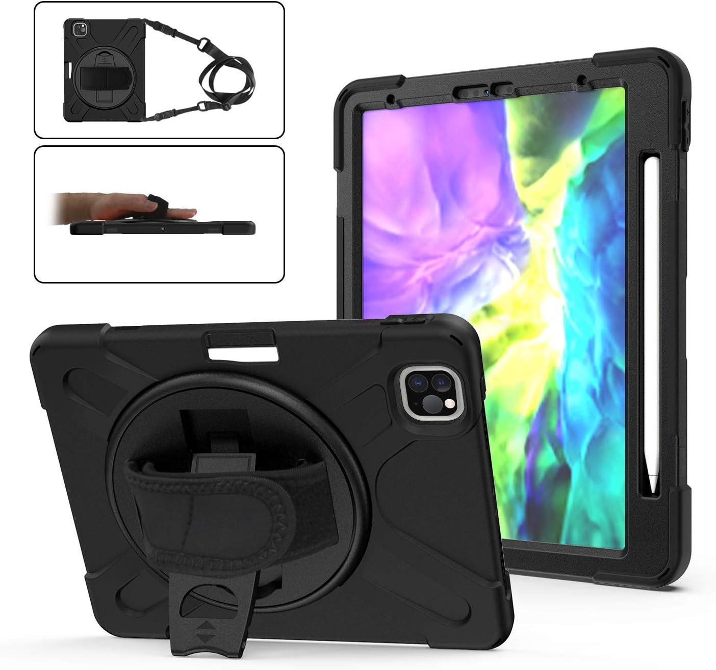 PODITAGI iPad Pro 11 Case 2020 2nd Generation，Heavy Shockproof Protective Case 360 Degree Rotating Stand with Pencil Holder/Handle/Shoulder Strap (iPad Pro11（2020）, Black)