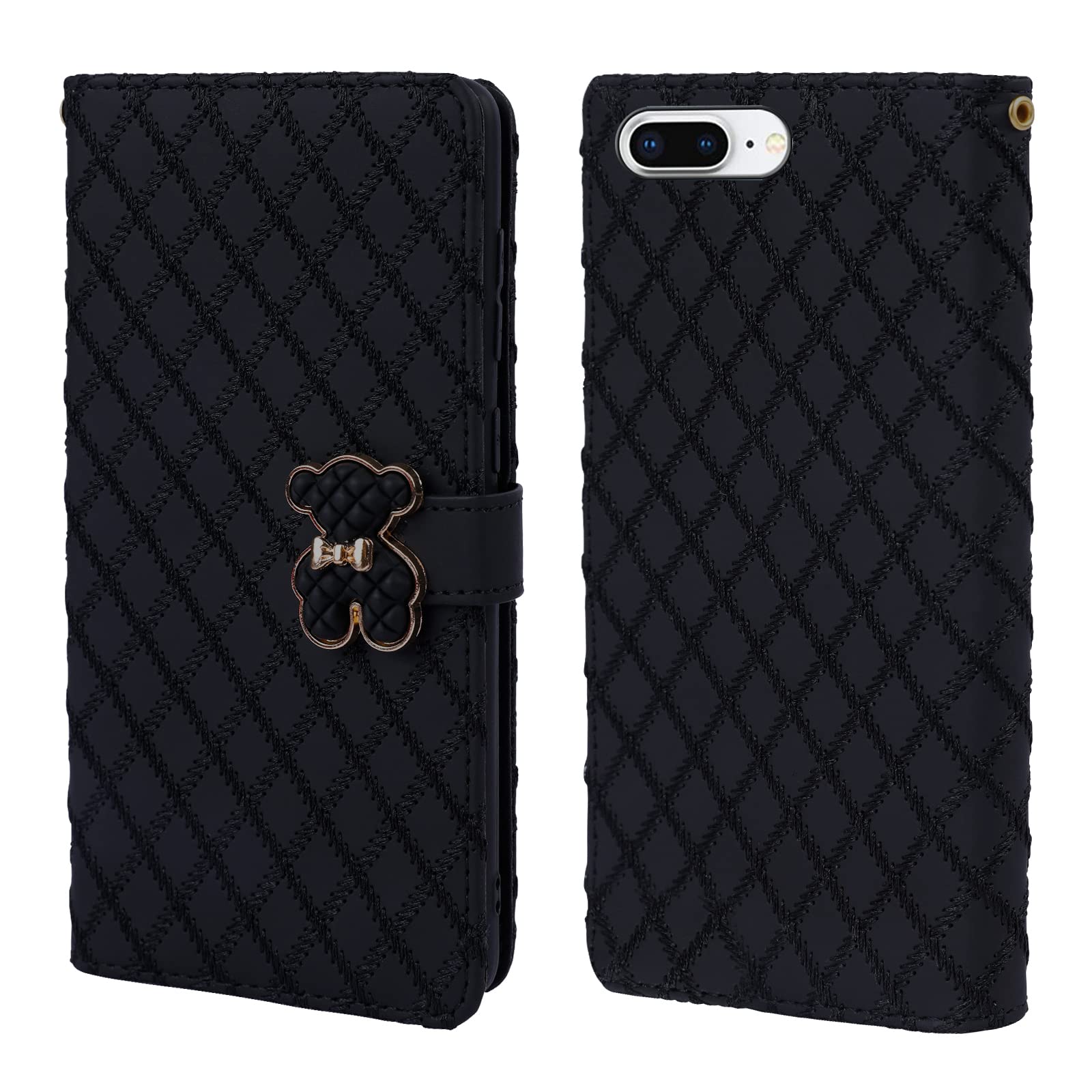 Tiyoo iPhone 7 Plus/iPhone 8 Plus Phone Case, 3D Cute Metal Bear Magnetic Closure, Shockproof Phone Cover, PU Leather Wallet Cover with Quilting Process for Girls and Women (Black)