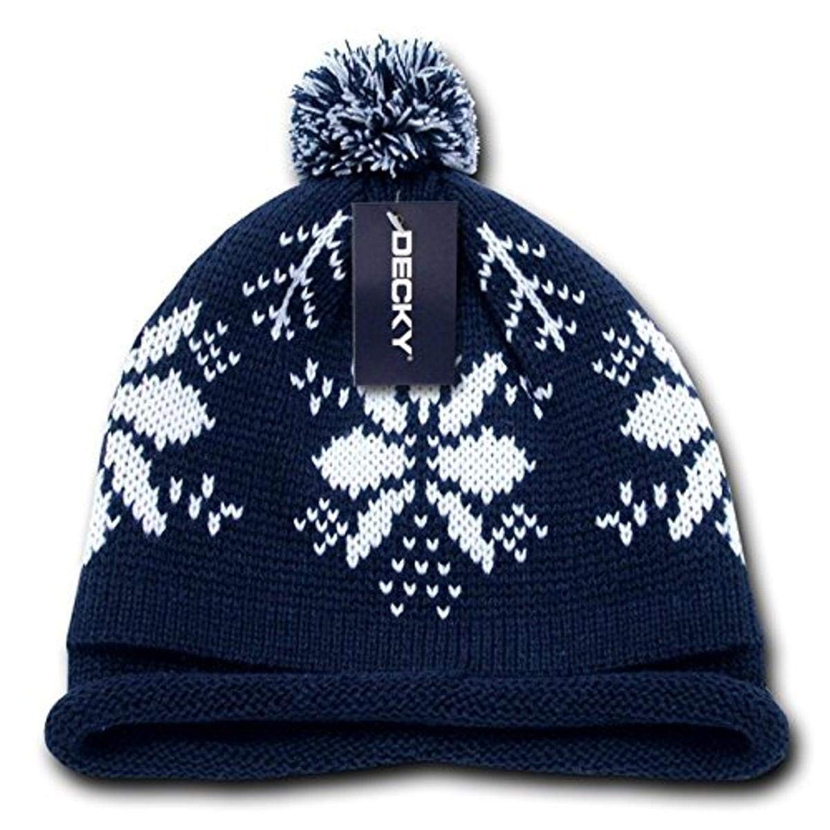 Decky Snowflake Roll Up Beanie with Pom - Navy/White