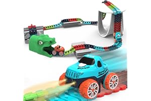 VEOOK Race Car Track Toy for Kids Ages 3 4 5 6 7 8+ with LED Light-Up Vehicles, Flexible Dinosaur Race Track Battery Electric Race Car Track Set, Gifts Toys for Boys Girls Toddlers (200 Pcs & 2 Car)