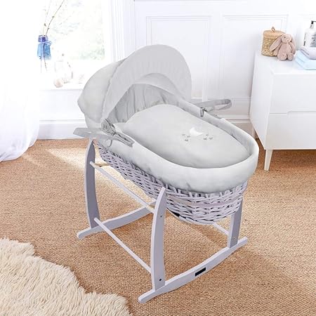 clair de lune grey wicker moses basket & deluxe rocking stand