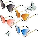 Xuhal 4 Pairs Rimless Butterfly Sunglasses Rhinestone Bling Sun Glasses Trend Gradient Butterfly Shaped Sunglasses for Women