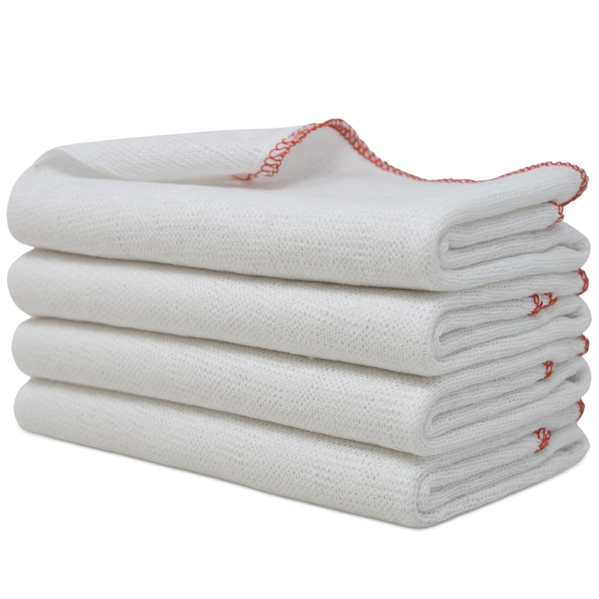 Towelogy Jumbo Dish Cloths for Washing Up | Cotton Set of 4-38 x 45cm (White/Red Edges)