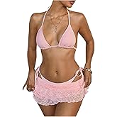 OYOANGLE Women's 3 Piece Swimsuits Triangle Halter String Bikini Set with Cover Up Lace Layered Ruffle Skirt
