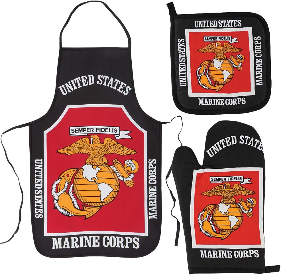 U.S. Marine Corps Kitchen & BBQ SetNew w/ Apron, Oven-mitt and Pot holder United States Marines