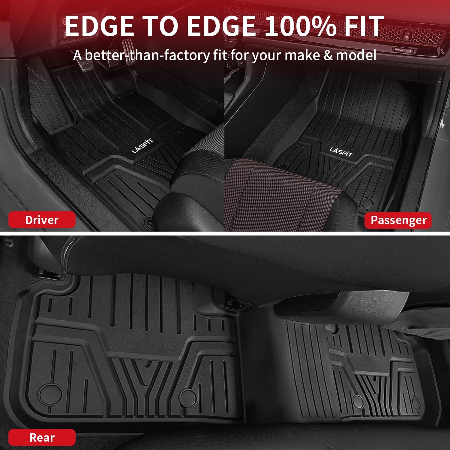 LASFIT Floor Mats for Honda Civic 2022-2025 2026 (Fits Rear Seats with or Without USB Ports) | for Acura Integra 2023-2025, All Weather Car Floor Liners, 1st & 2nd Row, Black