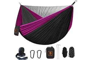 QEVOOON Camping Hammock, Portable Hammocks with Mosquito Net,Lightweight Nylon Parachute Hammock with 10ft Tree Straps,Camping Gear Must Haves for Travel Hiking Backpacking Beach Patio-Black&Pink
