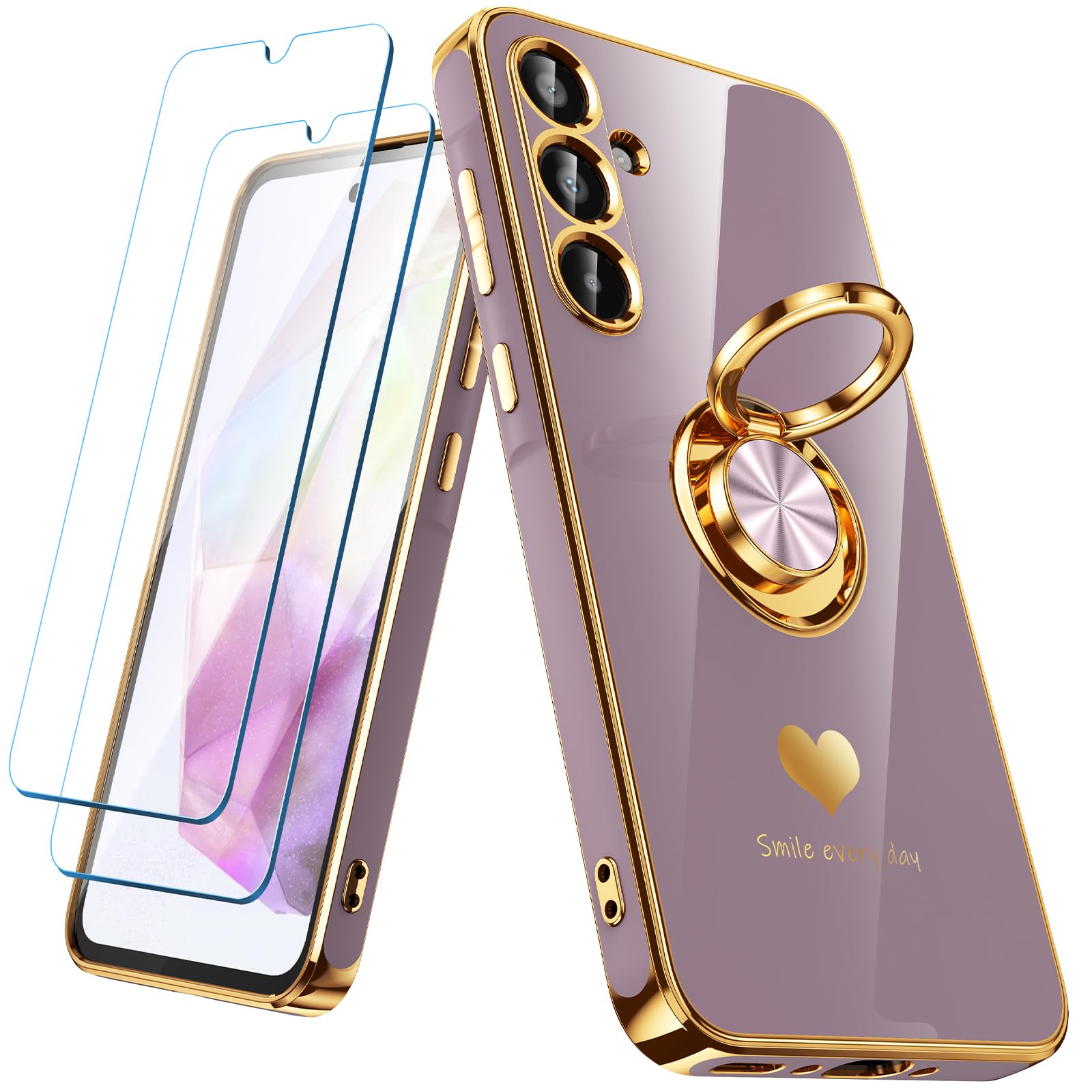 Nonional for Samsung Galaxy A35 5G Case with 2 Pack Screen Protector, 360° Rotatable Ring Holder [Luxury Hearts Pattern] Plating Gold Edge Slim Soft Phone Cover Case for Galaxy A35 - Light Purple