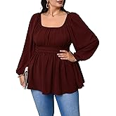 SHESTARR Women’s Plus Size Peplum Top Long Sleeve Square Neck Smocked Waist Babydoll Blouse Flowy Dressy Casual Fall Tops