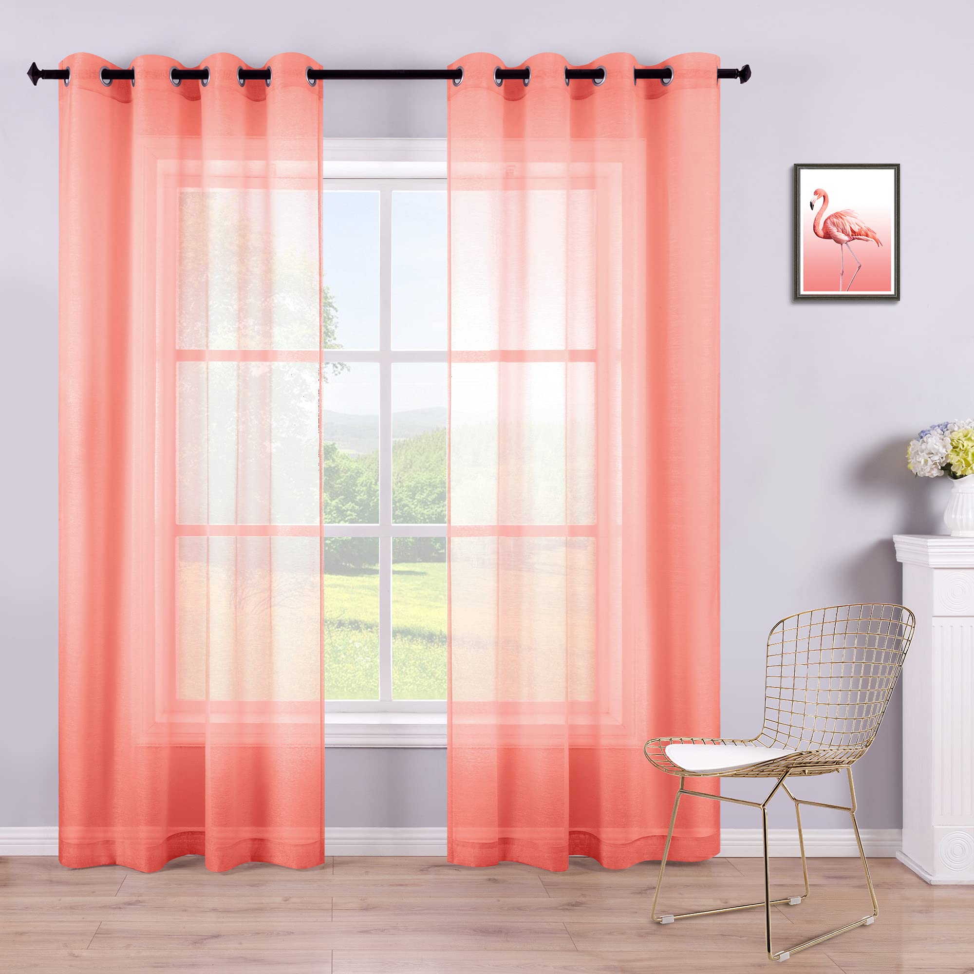 KOUFALL Coral Curtains 84 Inch Length for Bedroom Set 2 Panels Grommet Faux Linen Semi Voile Window Sheer Curtains for Living Room Decor 52x84 Long