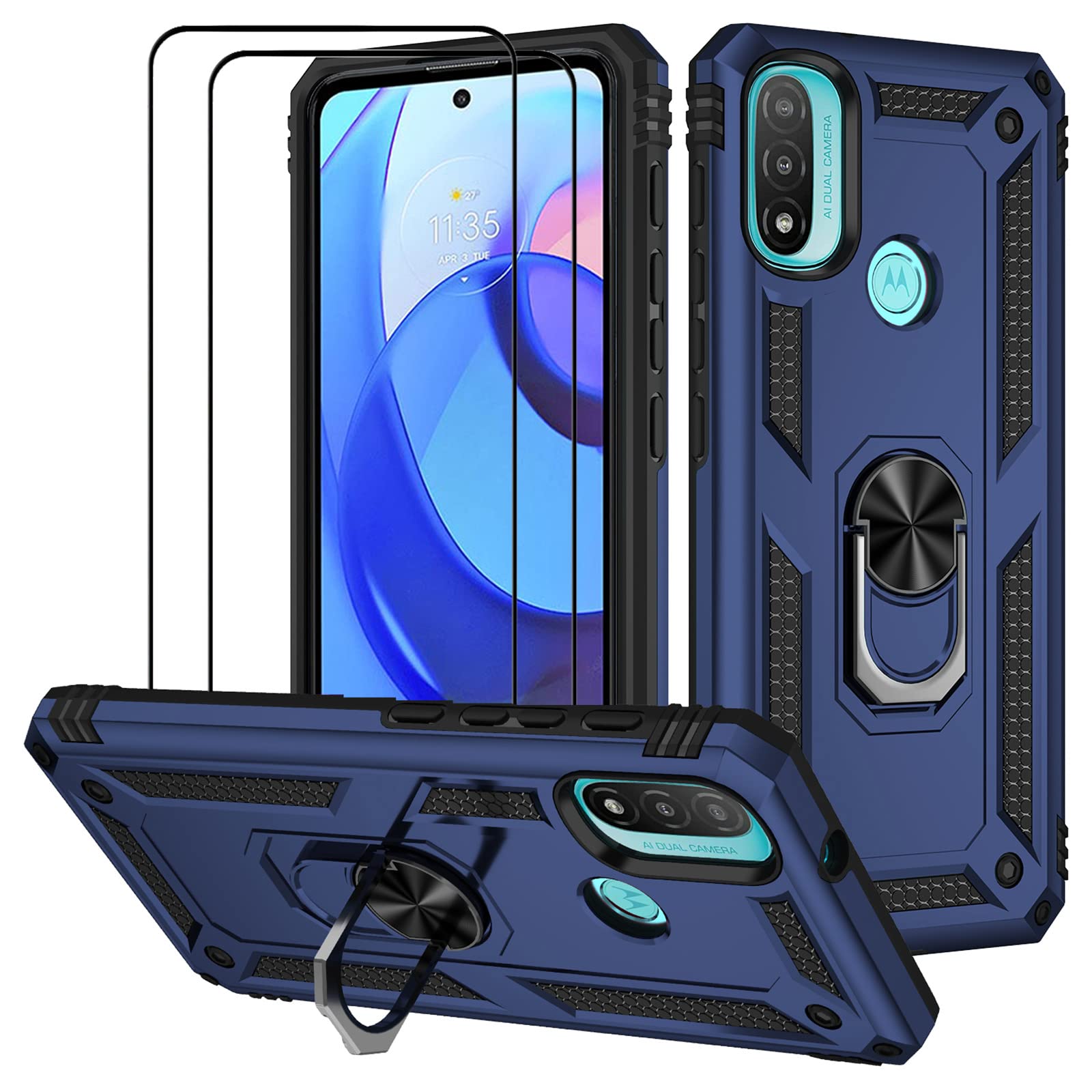 MMlife EasyLifeGo for Motorola Moto E40 / Motorola Moto E30 Kickstand Case with Screen Protector Tempered Glass [2 pieces], Hybrid Heavy Duty Armor Dual Layer Anti-Scratch Case Cover, Blue