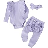 Fullfamous Baby Girl's 3pc Rib Frill Long Sleeve Romper and Pant Set
