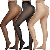 HONGTEYA 3 Pairs Fleece Lined Tights Women - Warm Sheer Pantyhose Fake Translucent Tights Winter Thermal Leggings