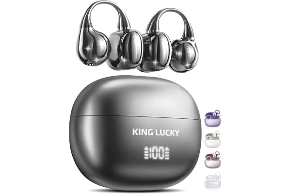 King Lucky Clip-On Earbuds Gen 3, Open-Ear Wireless Bluetooth 6.0 Headphones with Mic, Secure Fit for Small Ears & Glasses Wearers, 50H Playtime, LED Digital Display, ENC, IPX5 Waterproof(Balck)