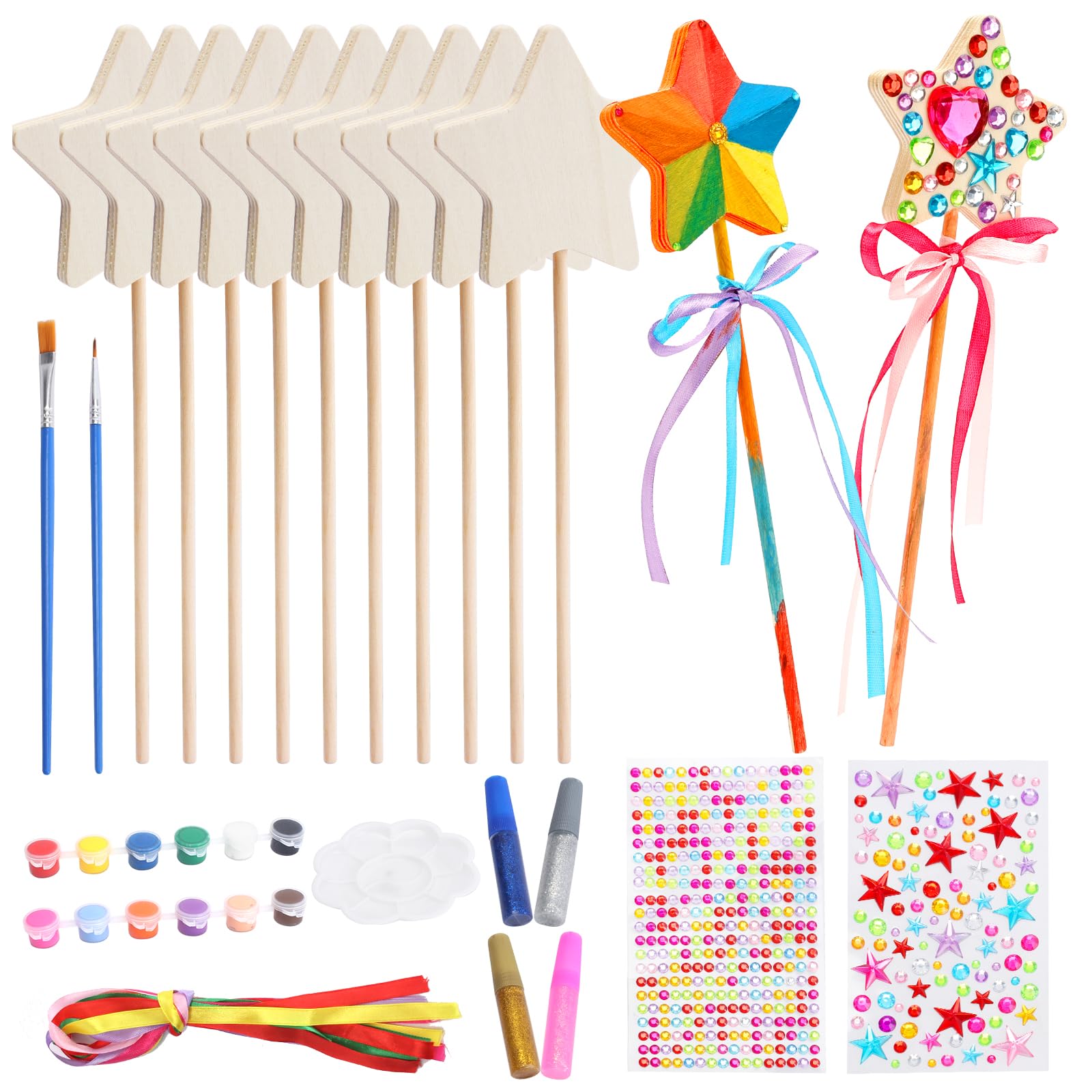 TOTSUN 12Pcs Princess Fairy Wands Kit, Wooden Craft Kits for Kids Make Your Own Princess Wand Magic Wand Star Wands DIY Art and Craft Accessories for Kids Girls