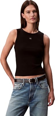 Donna Canotta Woven Label Rib con Logo, Nero (Black), S