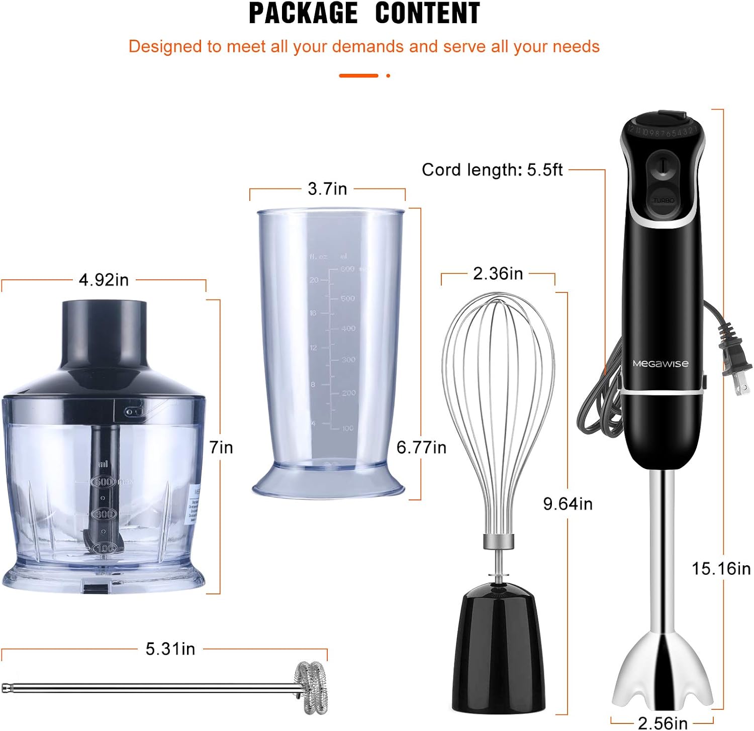 5-in-1 Immersion Hand Blender, MEGAWISE Powerful 800 Watt 12-Speed Stick Blender with Sturdy Titanium Plated Stainless Steel Blades, Including 500ml Chopper, 600ml Beaker, Whisk and Milk Frother Attachments, Dishwasher Safe and BPA-Free: Kitchen & Dining