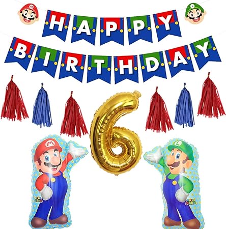 Amazon Co Jp Fun スーパーマリオ 誕生日 飾り付けセット かわいいキャラクター Happybirthdayガーランド 数字バルーン タッセルガーランド マリオ風船 6歳 誕生日 子供 おもちゃ