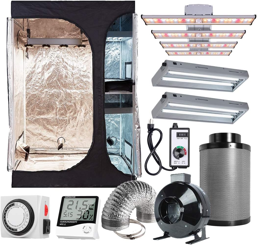 Hydro Plus 48"x36"x72" 2 in 1 Grow Tent Complete Kit+240W Full Spectrum LED Grow Light Kit + 2X 2FT 24W 2-Lamp T5 Light+6" Filter Ventilation Kit+Hydroponics Indoor Growing Accessories (LED 240 Kit)