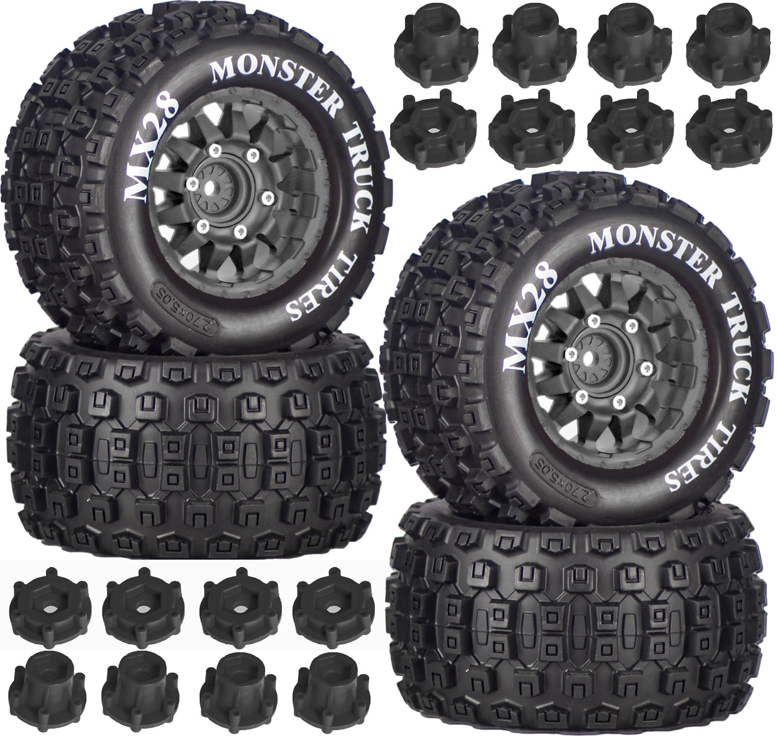 Photo 1 of MX28 2.8" Tire and Wheels Pre-Glued All-Terrain MT Tires with 12mm/14mm Hexes - 1/10 Scale RC Truck Tires for ARRMA Big Rock, Granite, Senton, Vorteks & Traxxas Slash, Stampede Rustler, Hoss
