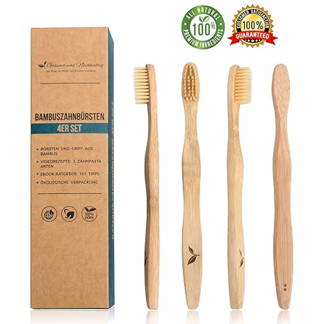 4x Bambus-Zahnbürsten Holz-Zahnbürste Naturborsten vegan ? + BONUS ? Umweltfreundliche plastikfreie Verpackung ? biologisch a