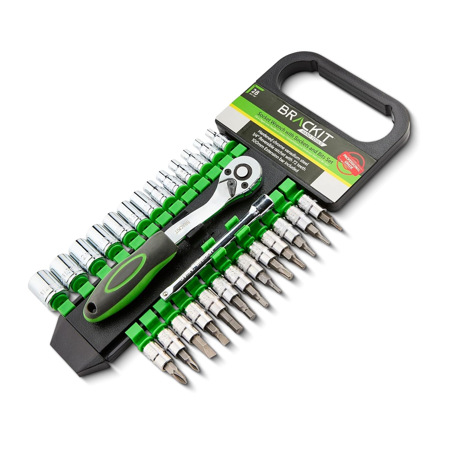 Brackit 28-Piece Socket Wrench Set – 1/4″ Drive 72-Tooth Reversible Ratchet with Quick Release, Non-Slip Comfortable Grip, Chrome Vanadium Steel Sockets, 100mm Extension Bar for DIY & Automotive Use
