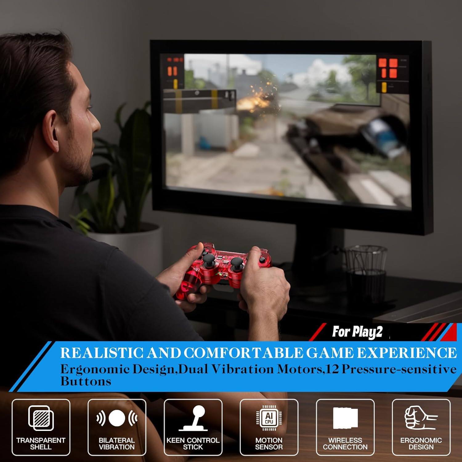 Degulan Wired Controller for PS-2 High Performance Double Shock Gamepad Joystick Remote Compatible with Play 2 (Clear Red and Clear Blue)