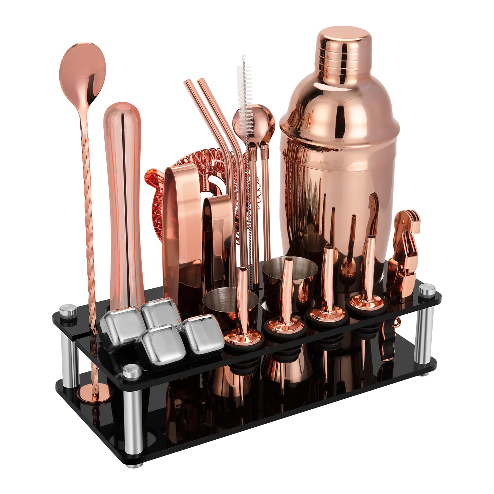 Photo 1 of 23 Piece Cocktail Shaker Set Bartender Kit with Acrylic Stand & Cocktail Recipes Booklet, Professional Bar Tools for Drink Mixing, Home, Bar, Party (Include 4 Whiskey Stones) - Gold Rose