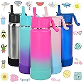 CHILLOUT LIFE 17 oz Kids Insulated Water Bottle for School with Straw Lid Leakproof and Cute Waterproof Stickers, Personalized Stainless Steel Thermos Flask Metal Water Bottle for Girls & Boys