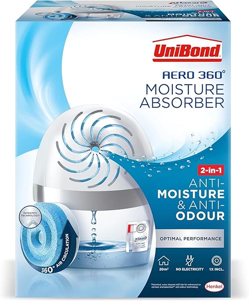 UniBond AERO 360º Moisture Absorber, 1 Device incl. 1 Refill Tab 450g, Ultra-Absorbent Dehumidifier, Helps Prevent Condensation, Recyclable, Refillable Condensation Absorber, Original Scent