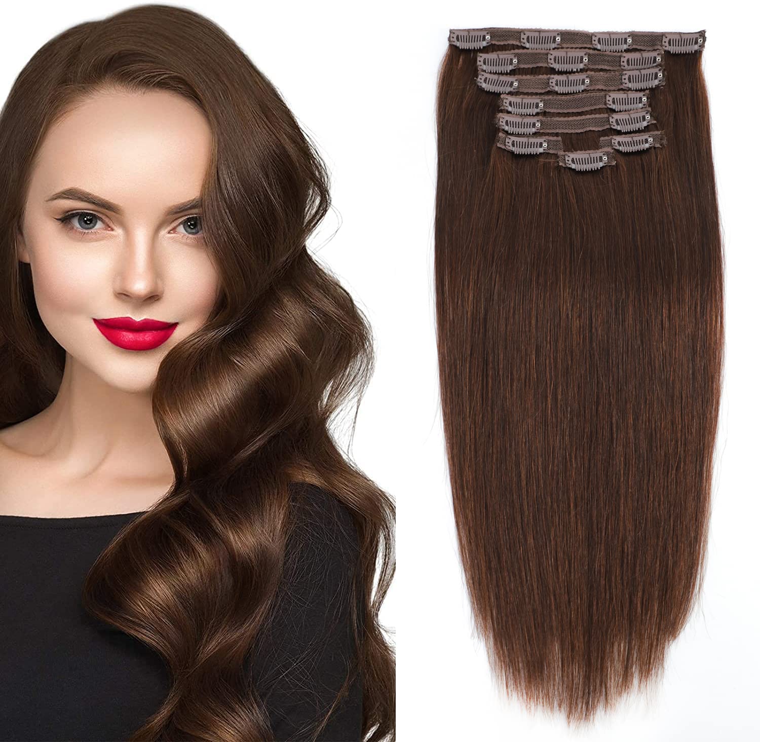 22inch Double Weft Human Hair Clip in Hair Extensions 8pcs 100g Silky Straight-100% Virgin Remy Human Hair Invisible Lace Weft Clip in Human Hair Extensions for Women (22 Inch-100g, #4 Medium Brown)