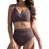 Buauty Women's Bikini Sets Two Piece High-Waisted Ruched Bathing Suit V Neck Twist Front Adjustable Straps Swim Suits