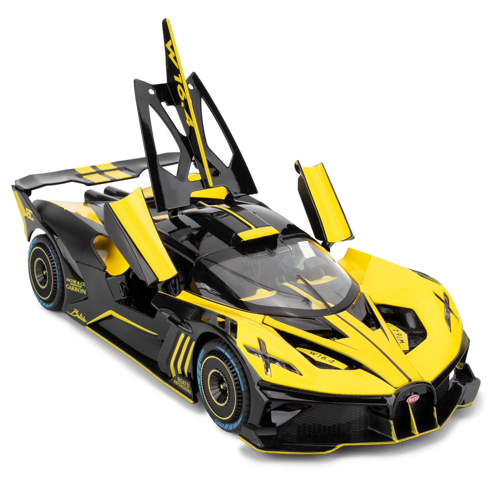 Imtfzct 1:24 Bugatti Bolide Model, Diecast Alloy With Pull-Back Function, Light and Sound, Collectible Toy for 4-7 Year Old Kids (Yellow)