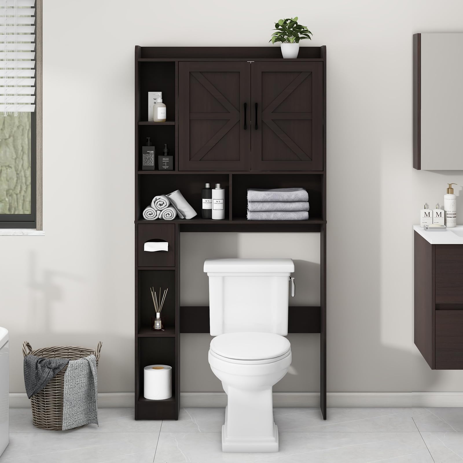 Over The Toilet Storage Cabinet, Farmhouse Storage Cabinet Over Toilet with 2 Barn Door & Toilet Paper Holder Stand,Home Space-Saving Toilet Rack, for Bathroom, Restroom, Laundry Image Over The Toilet Storage Cabinet, Farmhouse Storage Cabinet Over Toilet with 2 Barn Door & Toilet Paper Holder Stand,Home Space-Saving Toilet Rack, for Bathroom, Restroom, Laundry Image