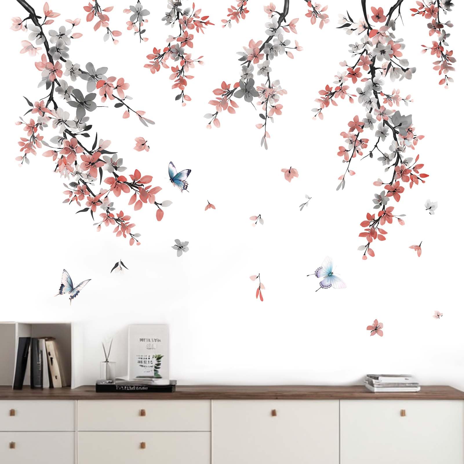 Cherry Blossom Wall Stickers for Bedroom: Peel and Stick Flower Bird Red Floral Tree Branch Wall Decals - Living Room Office Bathroom