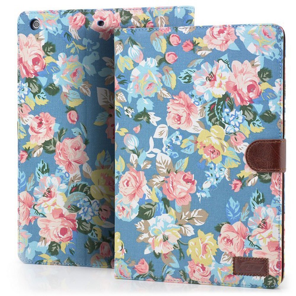 iPad Air Case, iPad Air Cover, Deenor [Free Screen Protector & Stylus] Retro Flowers Design Folio Case PU Leather Cover Stand Case for Apple iPad Air (2013 Version).(Blue Flowers)