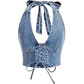 MakeMeChic Women's Denim Corset Top Jean Halter Crop Top Lace Up Y2K Vest Top