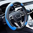 Xizopucy Blue Steering Wheel Cover Microfiber Leather Sporty Car Accessories for Men and Women,Breathable Non-Slip Universal Fit 14 1/2-15 Inch(Black and Blue)