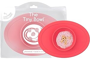ezpz Tiny Bowl (Coral) - 6 Months+ - 100% Silicone Suction Placemat + Bowl for Infants - Fits All Highchair Trays - Baby-Led Weaning Supplies