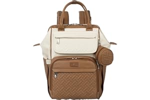 BabbleRoo Leather Diaper Bag Backpack, Multifunction Large Bags with Changing Pad & Stroller Straps & Pacifier Case, Unisex Stylish Travel Back Pack Nappy Changing Bag for Moms Dads (Caramel Cream)