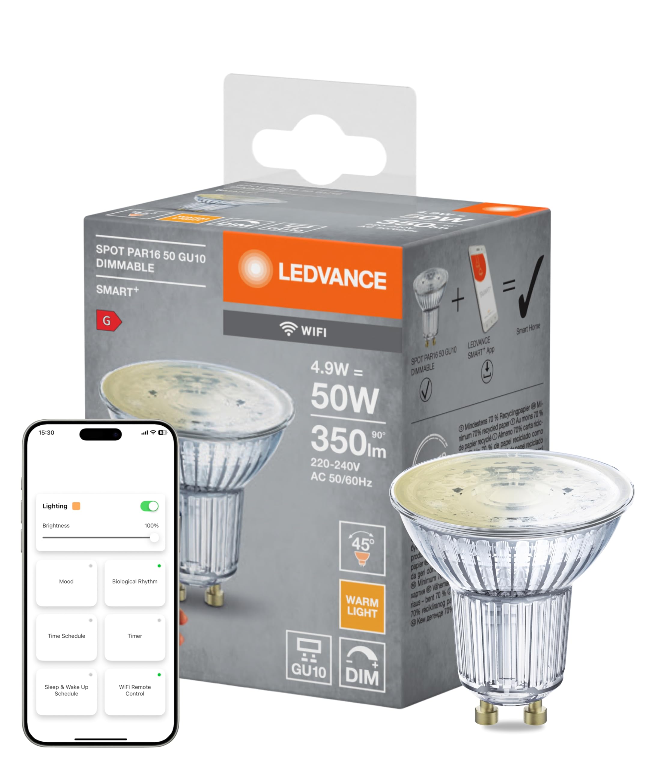 LEDVANCE LED Reflector lamp | GU10 | Warm White | 2700 K | 5W=40 | not Relevant | SMART+ WiFi SPOT GU10 Dimmable