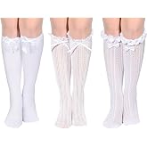 Honic 3 Pair Oktoberfest Socks Women Long Socks with Bows Lace Trim Ruffle and Satin White Stockings Oktoberfest German Dirndl Knee High Sock for Women Lolita Student
